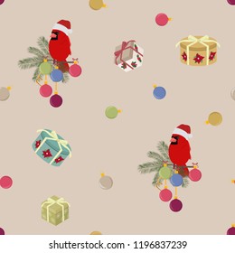 Seamless Christmas illustration with cardinal bird, gifts and New Year balls. For decorating textiles, packaging, covers, web designs.