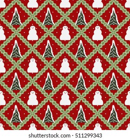 seamless Christmas illustration with Christmas trees and snowmen