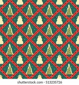 seamless Christmas illustration with Christmas trees and snowmen