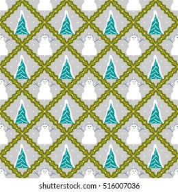 seamless Christmas illustration with Christmas trees and snowmen