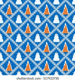 seamless Christmas illustration with Christmas trees and snowmen