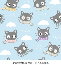 Seamless Christmas Kawaii Cute Cats Pattern, Cartoon Animals Background, Vector Illustration