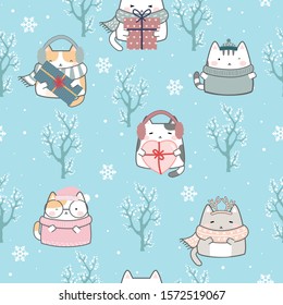 Seamless Christmas Kawaii Cute Cats Pattern, Cartoon Animals Background, Vector Illustration