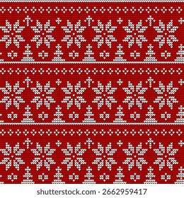 Seamless Christmas knit pattern featuring traditional Nordic elements. The design includes white snowflakes and Christmas trees on a red knitted background. Perfect for holiday textiles, wrapping pape