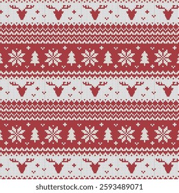 Seamless christmas knit  pattern. Knit pattern with nordic winter ornament with reindeer snowflakes christmas tree. Vector illustration for Knitted print.