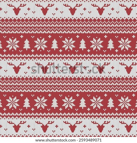 Seamless christmas knit  pattern. Knit pattern with nordic winter ornament with reindeer snowflakes christmas tree. Vector illustration for Knitted print.