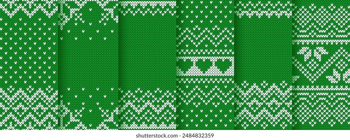 Nahtlose Weihnachtsmusiken stricken Prints. Grün gestrickte Bordürenmuster. Pullover Wintertexturen. Traditionelle Hintergründe von Fair Island. Festliche Musik Ornamente. Festliches Häkeln. Wollpullover-Rahmen. Vektorillustration