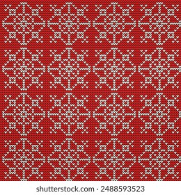 Seamless Christmas knitted pattern. Winter festive Christmas Norwegian knitted wool pattern of snowflakes, white on a red background.