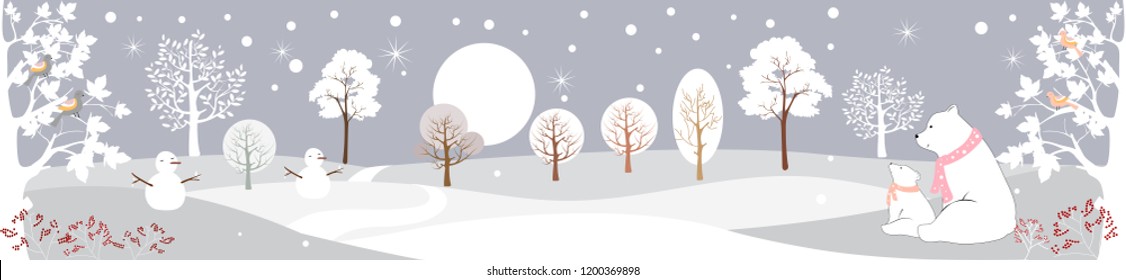 Seamless Christmas landscape in the forest,Vector illustration of horizontal banner of winter wonderland with polar bear family sitting on snow, snow man, hills and trees branches,Christmas wall paper