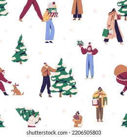 Seamless Christmas lifestyle pattern with happy people, fir trees, shopping bags, Xmas gifts. Winter holiday background with characters on streets, repeating print. Colored flat vector illustration