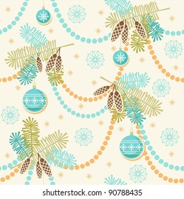 Seamless christmas light pattern in vector. New year's background with branches of fir, christmas balls, snowflakes and garlands