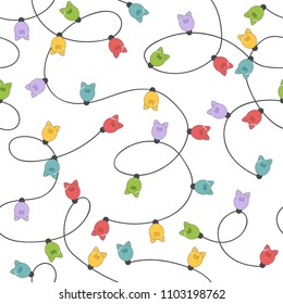 Seamless Christmas lights pattern with colorful watercolor garland of light pig bulbs. 2019 New Year decoration.
