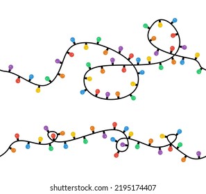 Seamless Christmas lights. Set of two vector strings of colorful holiday lights for xmas cards, banners, posters, ect