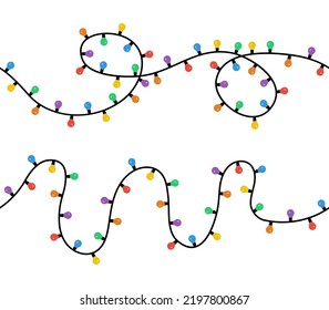 Nahtlose Weihnachtsbeleuchtung. Satz von zwei Vektorsaiten mit bunten Lichtern für Weihnachtskarten, Banner, Plakate, etc.