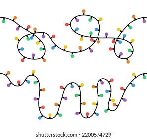 Seamless Christmas lights. Set of two vector strings of colorful holiday lights for xmas cards, banners, posters, ect