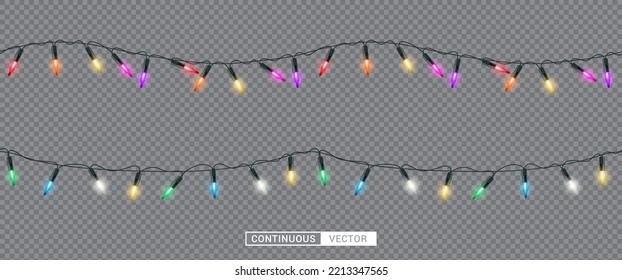 Seamless christmas lights set vector design. Christmas sparkling garland collection with colorful light bulb for xmas element background decoration. Vector Illustration.