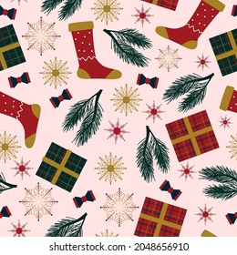 Patrón de naturaleza navideña, caja de regalo, árboles, copo de nieve, fondo blanco. Material de tela, embalaje, papel pintado, diseño para textiles, ilustración vectorial