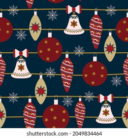 Patrón de la naturaleza navideña sin problemas, invierno, fondo azul oscuro, Año Nuevo, decoración, decoración, bolas. Material de tela, embalaje, papel pintado, diseño para textiles, ilustración vectorial