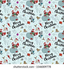 seamless Christmas New year background in illustration style baby Doodle Santa Claus with open bag in which visible gifts vector EPS 10