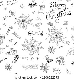 Seamless Christmas and New Year pattern with set of design elements: poinsettia, skates, ribbons, lettering, gifts, socks, candy canes, snowflakes. Coloring. Fabric print, poster, paper, endless textu