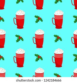 Seamless Christmas and New Year pattern. Holly leaves, cup of cacao.