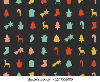 Seamless christmas, new year pattern. Vector illustration. Cute children's drawing. Multicolored snowman, little deer, bell, tree, gift, shooting star and candy canes against the night sky.