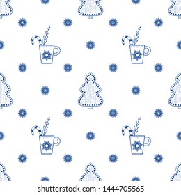 Seamless Christmas and new year pattern with snowflakes, gingerbread, candy and other objects. Hand-drawn illustration. Background for wrapping paper