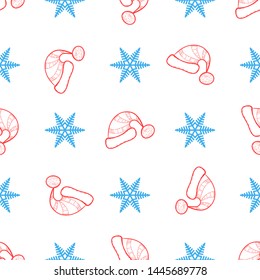 Seamless Christmas and new year pattern  with snowflakes and Santa Claus hat. Hand-drawn illustration. Background for wrapping paper