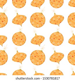 Seamless Christmas and New Year pattern with Christmas balls and flowers. Scandinavian design