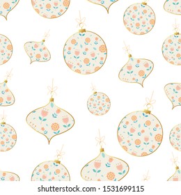 Seamless Christmas and New Year pattern with Christmas balls and flowers. Scandinavian design
