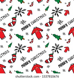 Seamless Christmas and New Year pattern with snowflakes, winter jacket, gift socks and trees. Seamless pattern with different holidays accessories on white background. 