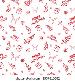 Seamless Christmas and New Year pattern with tree, calendar, gift socks, deer horns and Merry Christmas text. Seamless pattern with different holidays accessories on white background. 