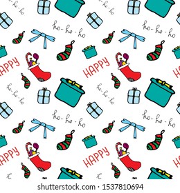 Seamless Christmas and New Year pattern with gifts box, gifts socks, happy text, ho ho ho text and bows. Seamless pattern with different holidays accessories on white background. 