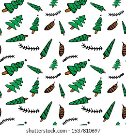 Seamless Christmas and New Year pattern with tree, branches and pine cones . Seamless pattern with different holidays accessories on white background. 
