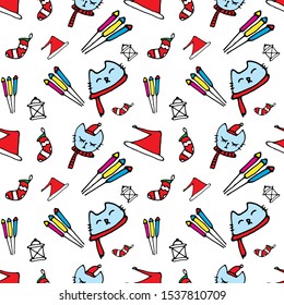 Seamless Christmas and New Year pattern with santa hat, gifts socks, cute cat and fireworks. Seamless pattern with different holidays elements on white background. 
