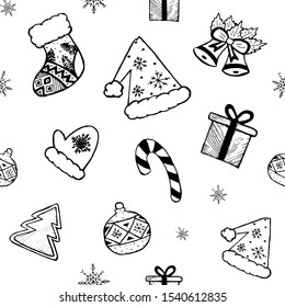 Seamless Christmas and New Year pattern made of hand drawn objects on white background. Wrapping paper, wallpaper, holidays design. Winter black and white doodle elements. 