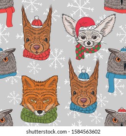 Seamless Christmas and New Year pattern with animals in winter hats