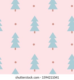 Seamless Christmas and New Year pattern with Christmas trees and dots on a pastel pink background. Vector illustration.
