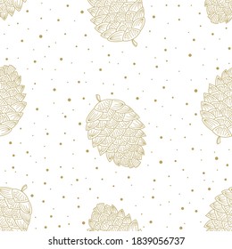 Seamless Christmas and New Year pattern with cute hand drawn cones. Golden and white color palette. Vector line objects. For wrapping paper, invitation, card, gift, fabric, wallpaper, textile, blog.