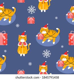 Seamless Christmas and New year pattern ,Cute cat and christmas ornament. Vector holiday winter background.