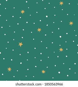 Seamless christmas and new year pattern with stars and snowflakes. Vector green winter background.