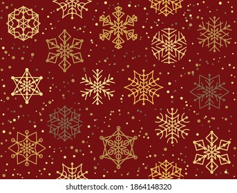 Navidad sin problemas y patrón de año nuevo. El fondo de invierno sin foco con copos de nieve en el fondo rojo. Antecedentes de tela, textiles, papel pintado, carteles publicitarios, papel de envoltura de regalo