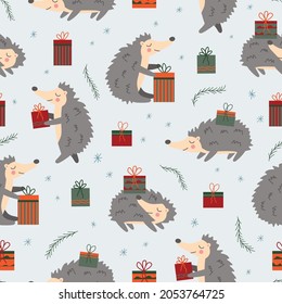 Seamless Christmas and New Year pattern with hedgehogs and gift boxes and winter elements. Backdrop for wallpaper, print, textile, fabric, wrapping. Vector illustration