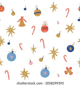 Seamless Christmas and new year pattern with candy cane, bells, stars and christmas balls. Texture for fabric, textile, greeting cards, wrapping paper, invitations, posters.