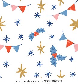Seamless Christmas and new year pattern with garlands, snowflakes, stars and holly. Texture for fabric, textile, greeting cards, wrapping paper, invitations, posters.