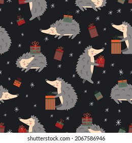 Seamless Christmas and New Year pattern with hedgehogs and gift boxes and winter elements. Backdrop for wallpaper, print, textile, fabric, wrapping. Vector illustration