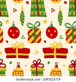 Seamless Christmas and New Year pattern. Pattern with New Year and Christmas elements for decorating gift wrapping, posters, postcards, stationery.