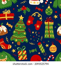 Seamless Christmas and New Year pattern. Pattern with New Year and Christmas elements for decorating gift wrapping, posters, postcards, stationery.