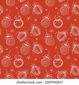 Seamless Christmas and New Year pattern with Christmas balls in line art style. Vector pattern of winter theme on a red background. Layout for packaging