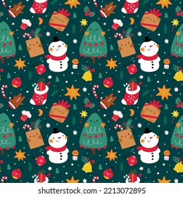 Seamless Christmas and New Year pattern. Background with Christmas tree, snowman and stars. Wrapping paper festive print. Texture for holiday textile with cute design elements 